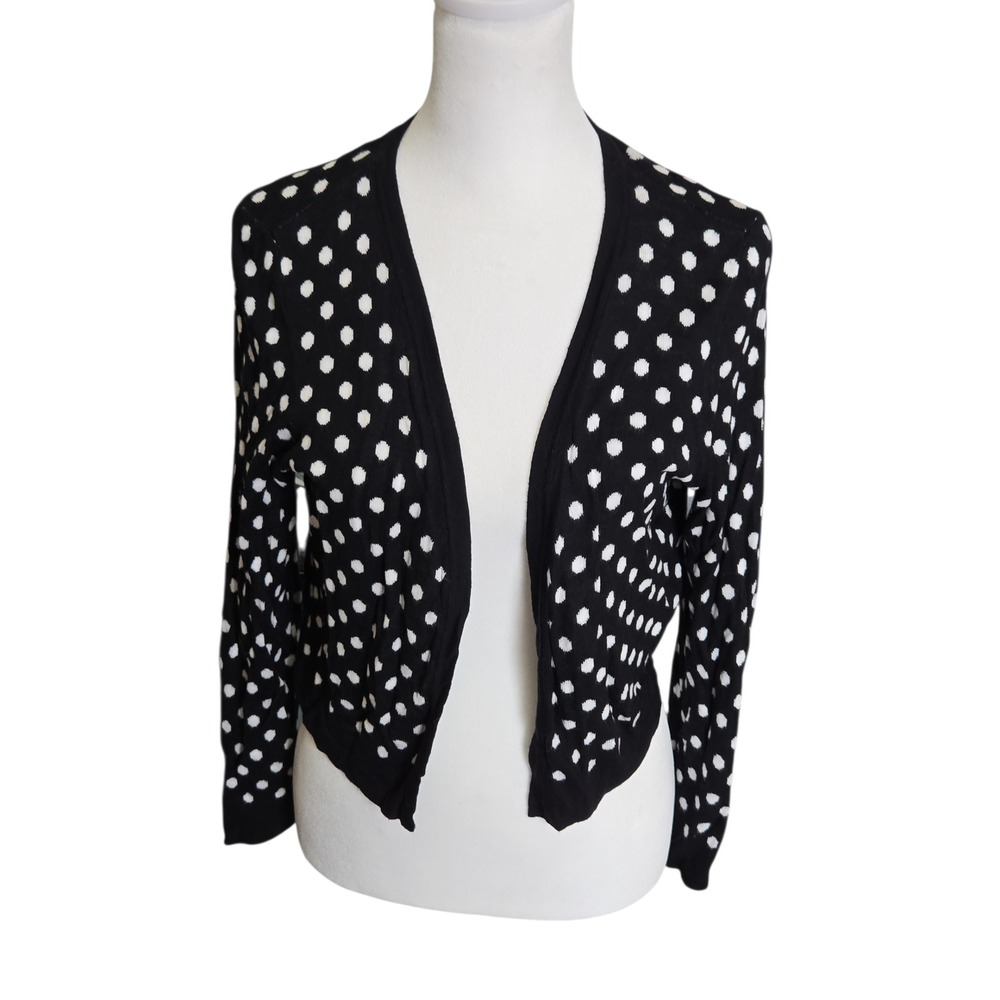Talbots Black White Polka Dot Cropped‎ Cardigan Sweater Womens Size M Rayon Chic